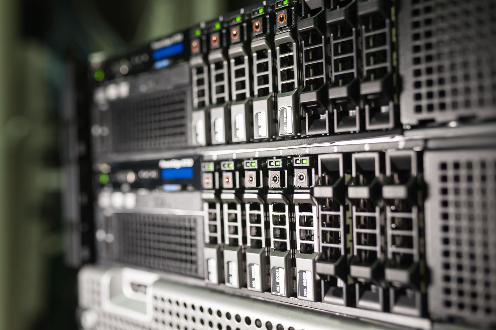 Close-up of server hardware in a modern data center rack